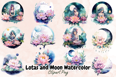 Lotas and Moon Watercolor Clipart