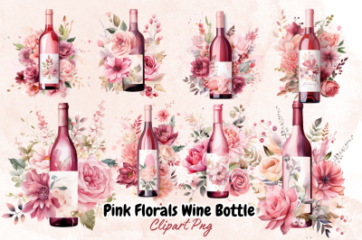 Pink Florals Wine Bottle Clipart