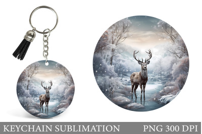 3D Deer Round Keychain Design. Winter Keychain Sublimation