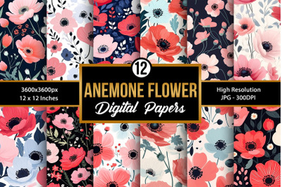Cute Anemone Flowers Seamless Pattern Digital Papers