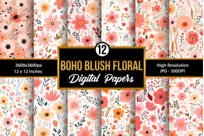 Boho Blush Flowers Seamless Pattern Digital Papers