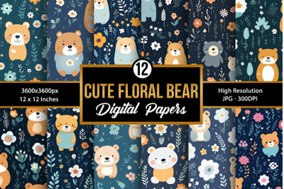 Cute Floral Bear Pattern Digital Papers