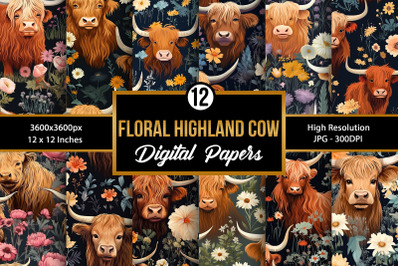Floral Highland Cow Seamless Pattern Digital Papers