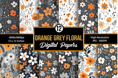 Orange &amp; Grey Cute Flowers Seamless Patterns