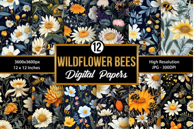 Wildflower Honeybees Seamless Pattern Digital Papers