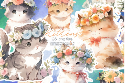 Watercolor Cats Clipart - PNG Files