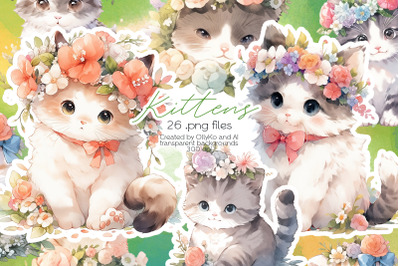 Watercolor Cats Clipart - PNG Files