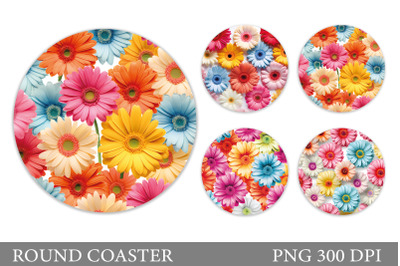 Rainbow Gerbera Coaster Design. Flowers Round Coaster