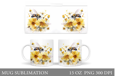 Bee Mug Wrap Sublimation. Bee Flowers Watercolor Mug Design