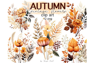 Fall Flowers Clipart Bundle: Autumn Floral Bouquets Vintage Designs fo