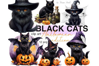 Halloween Black Cats Digital Download Clipart&3A; Witch Cats&amp;nbsp;