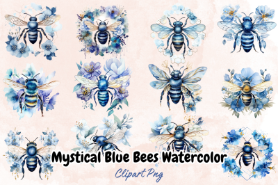 Mystical Blue Bees Watercolor Clipart