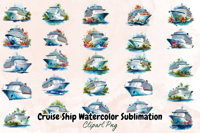 Cruise Ship Watercolor Clipart Bundle