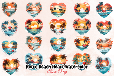 Retro Beach Heart Watercolor Clipart