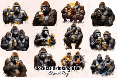 Gorillas Drinking Beer Clipart Bundle