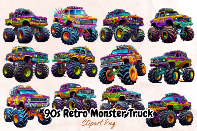 90s Retro Monster Truck Clipart Bundle