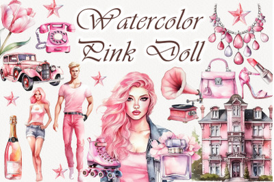 Pink Doll Princess Watercolor Clipart