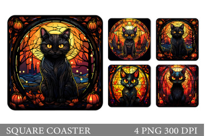 Black Cat Square Coaster. Stained Glass Cat Coaster Design