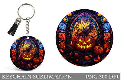 Stained Glass Pumpkin Keychain. Scary Pumpkin Round Keychain