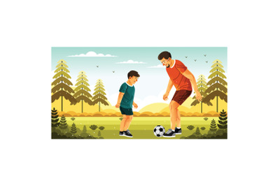 Dad and His Son Playing Football Outdoors