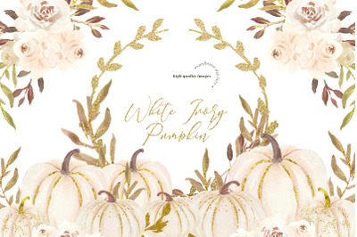 Ivory &amp; Gold Glitter Flowers Pumpkin Clipart