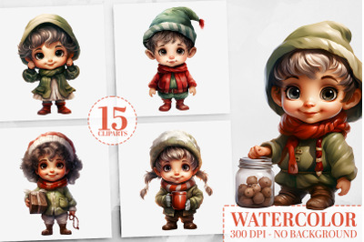 15 Elf PNGs - Christmas Elves Watercolor Clipart