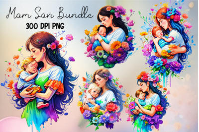 Watercolor flower mom son png clipart bundle | mom sublimation bundle