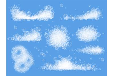 Realistic bath soap foam. Clean soapy froth bubbles, different shape f