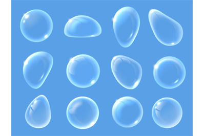 White soap bubbles. Close-up glassy and transparent water drops, abstr