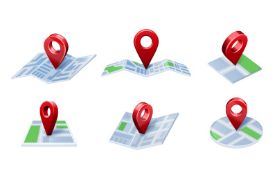 Pin on map. 3D Location icons, city GPS navigation and maps pointing a