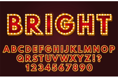 Glowing alphabet display font. Retro letters and numbers with light bu