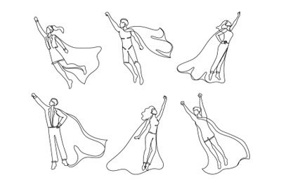 Continuous one line superhero. Man and woman fly with hero cape, super