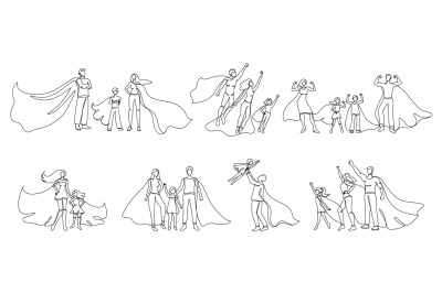 Continuous one line superhero family. Heroic parents with super kids w