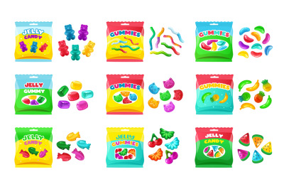 Cartoon jelly sweets. Cute candy variety pack of multicolored jelly be