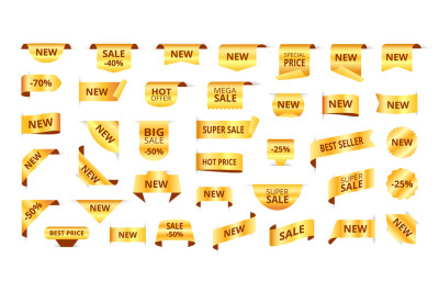 Golden tags. New label ribbons, gold sale sticker and