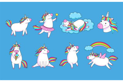 Cute cartoon unicorns. Magic unicorn with rainbow hair flying and drea