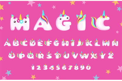 Unicorn font. Cartoon style alphabet with cute unicorn horn and rainbo