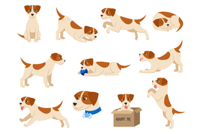 Cartoon dog. Playful beagle pup pet sits, runs, sleeps and plays with