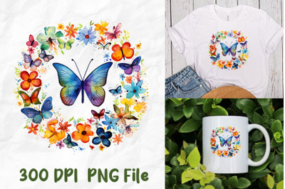 Hippie Butterfly Flowers Wreath Rainbow