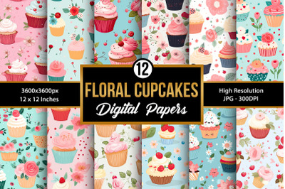 Cute Floral Cupcakes Digital Papers