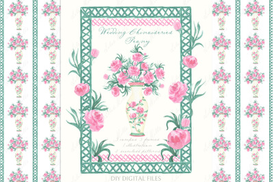 Wedding Chinoiseries Peony Garden Toile Pink Flowers. Watercolor DIY
