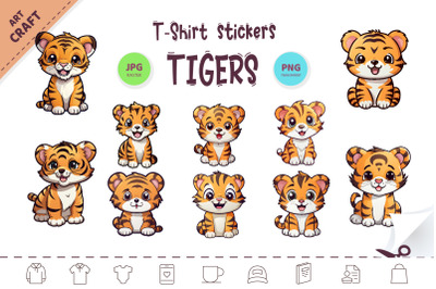 Bundle Stickers Cute tiger. Clipart.