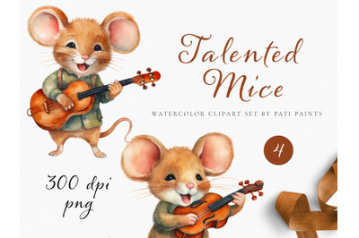 Watercolor Musican Mouse Clipart Set