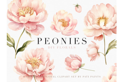 Watercolor Dusty Pink Floral Peonies Clipart Set