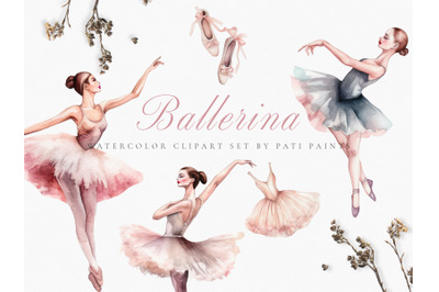 Pink Ballerina Watercolor Clipart Set