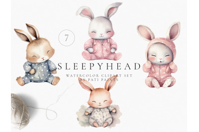 Sleepyhead Bunny Nursery Clipart Set Watercolor
