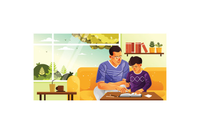 Studying with Dad at Home Illustration