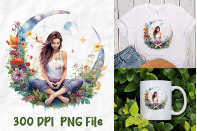 Yoga Mandala Moon Girl Meditate Flowers