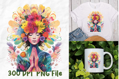 Yoga Mandala Retro Flowers Girl Praying