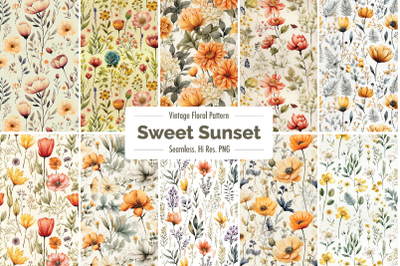 10 Vintage Wild Flower Seamless Pattern in Orange Tones